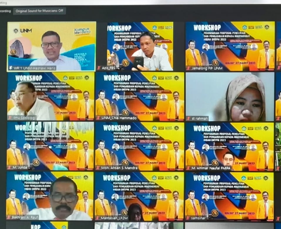 LP2M UNM Makassar menggelar workshop penyusunan proposal penelitian hibah DRTPM 2023 bagi dosen peneliti dan pengabdi lingkup UNM, Senin (27/3/2023). Dilaksanakan secara virtual via zoom meeting, menghadirkan sekitar 500 peserta workshop.