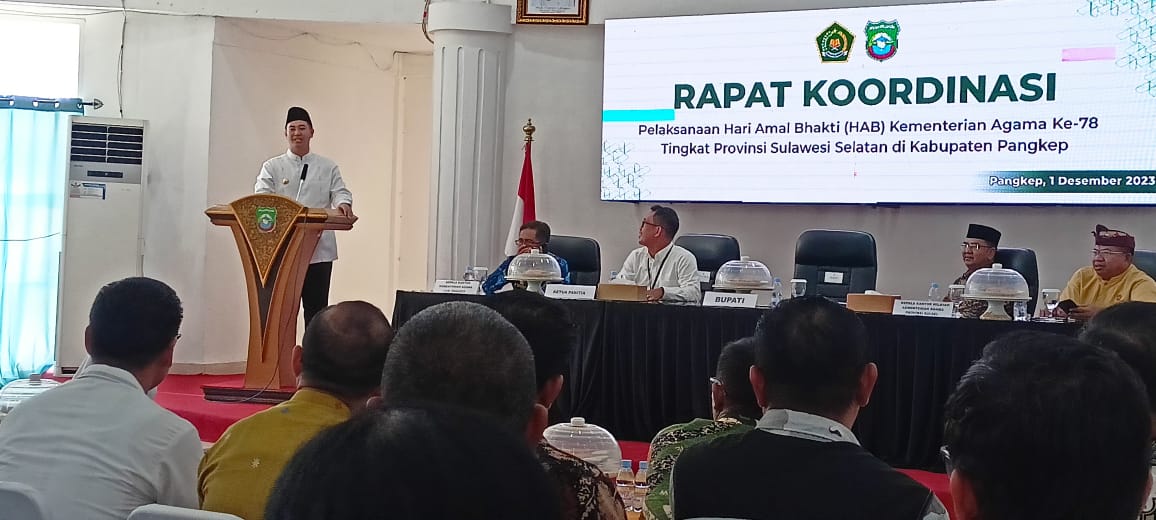 Bupati Pangkep Muhammad Yusran Lalogau menyatakan kesiapan daerahnya menjadi tuan rumah pelaksanaan Hari Amal Bhakti (HAB) Kementerian Agama tingkat provinsi Sulawesi Selatan saat hadir rapat koordinasi di Gedung Baruga Batara Siang Rujab Bupati Pangkep yang dihadiri Kakanwil Kemenag Sulsel, Jum'at (1/12/2023).