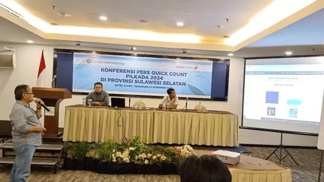 Lembaga Survei Jaringan Suara Indonesia (JSI) mengumumkan hasil hitung cepat (Quick Count) untuk Pemilihan Kepala Daerah (Pilkada) Kabupaten Takalar 2024, di Hotel Claro Kota Makassar, Rabu 27 November 2024.