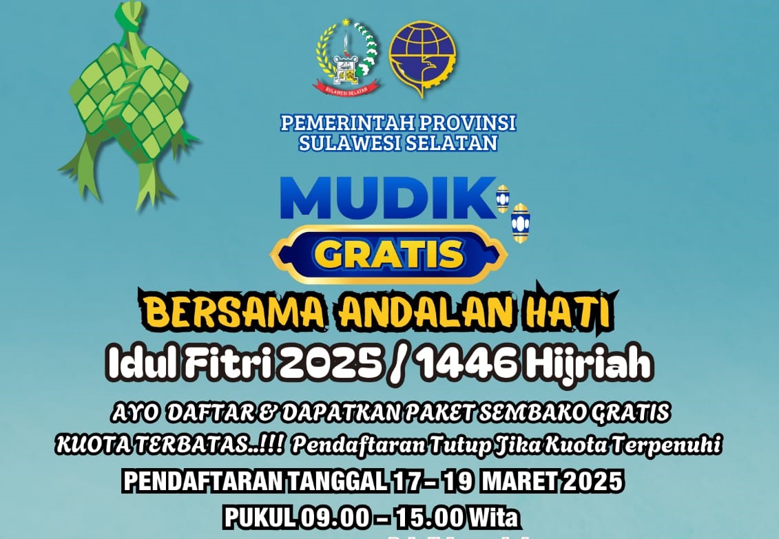 Pemerintah Provinsi Sulsel kembali menggelar program Mudik Gratis Bersama Andalan Hati dalam rangka menyambut Idul Fitri 2025.