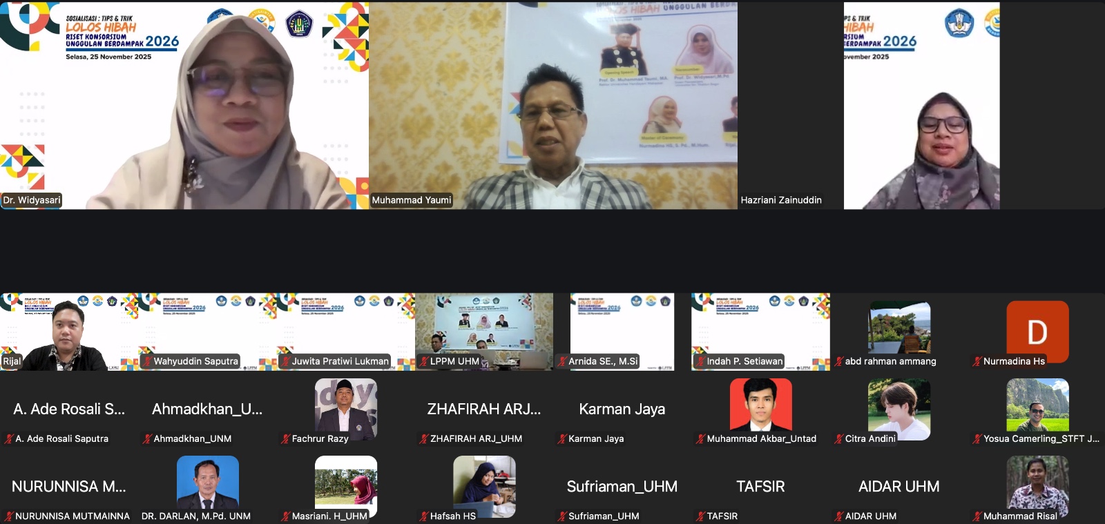 Lembaga Penelitian dan Pengabdian kepada Masyarakat (LPPM) Universitas Handayani Makassar buat Sosialisasi Tips & Trik Lolos Hibah Riset Konsorsium Unggulan Berdampak (RIKUB) 2026, Selasa (25/11/2025) via daring.