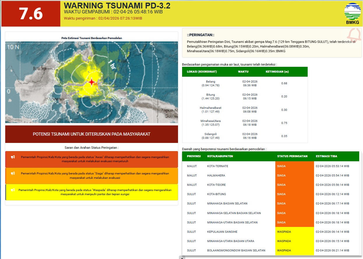 Gempa bumi tektonik berkekuatan magnitudo 7,6 mengguncang wilayah barat daya Pulau Batang Dua, Ternate, Maluku Utara, Kamis (2/4/2026) pukul 05.48 WIB.
