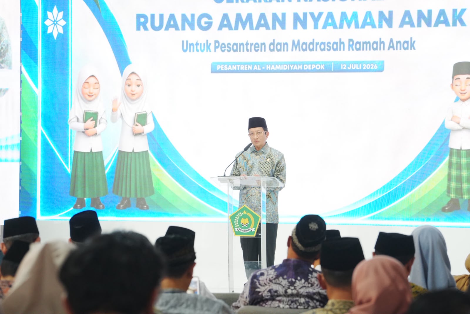 Menag saat peluncuran Gernas RANA sekaligus pembukaan Masa Taaruf Santri (Mata Santri) di Pondok Pesantren Al-Hamidiyah, Depok, Minggu (12/7/2026).