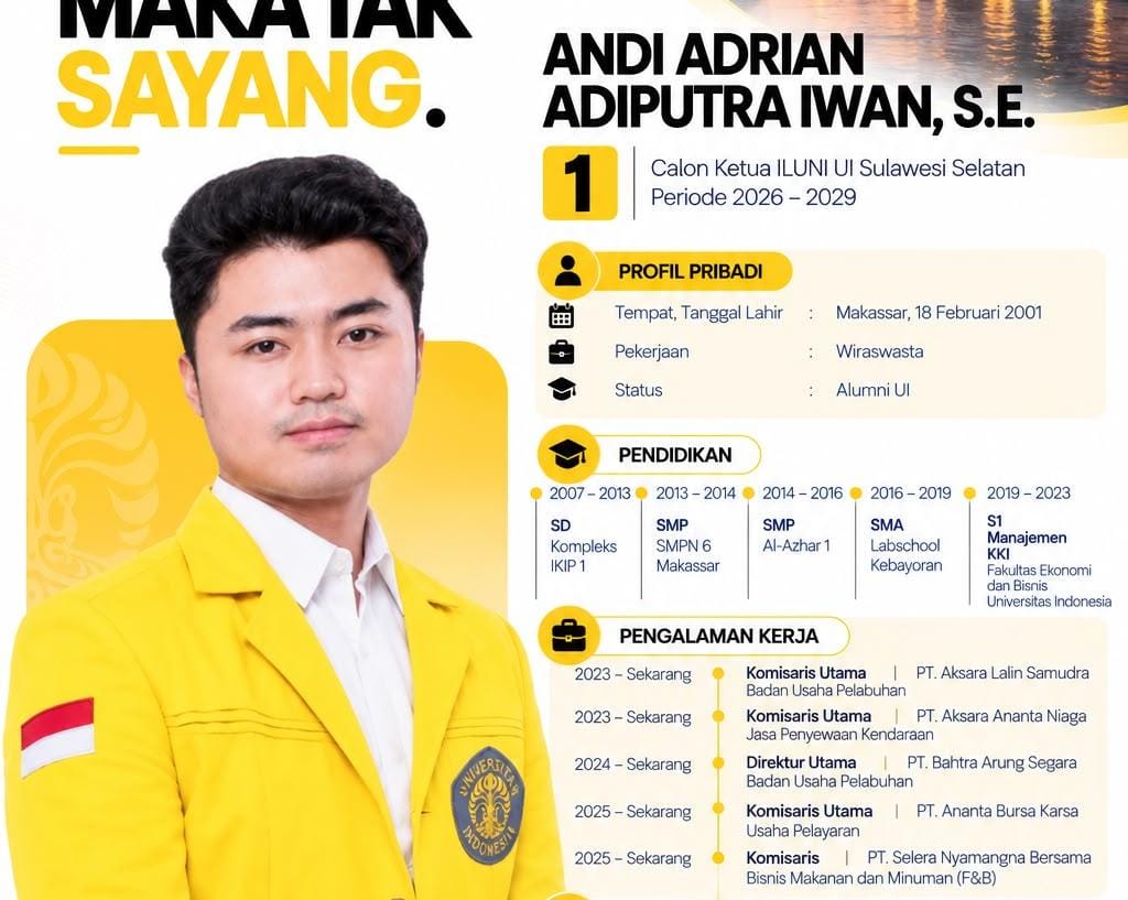 Andi Adrian Adiputra Iwan, S.E., memperoleh nomor urut 1 dalam pemilihan Ketua Ikatan Alumni Universitas Indonesia (ILUNI UI) Wilayah Sulawesi Selatan periode 2026–2029.